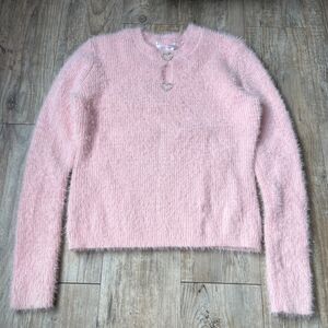 Cute Y2K Sweater L Vera Pink Fuzzy Heart Cutout Sweater Rhinestone Valentines